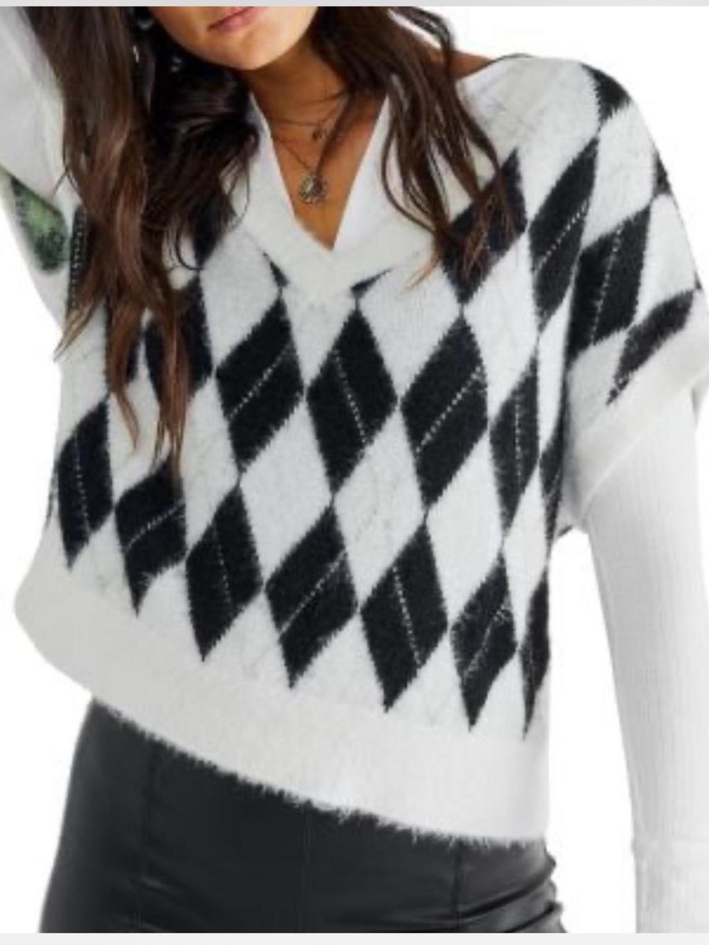 Free People Black & White Argyle V-Neck Sweater